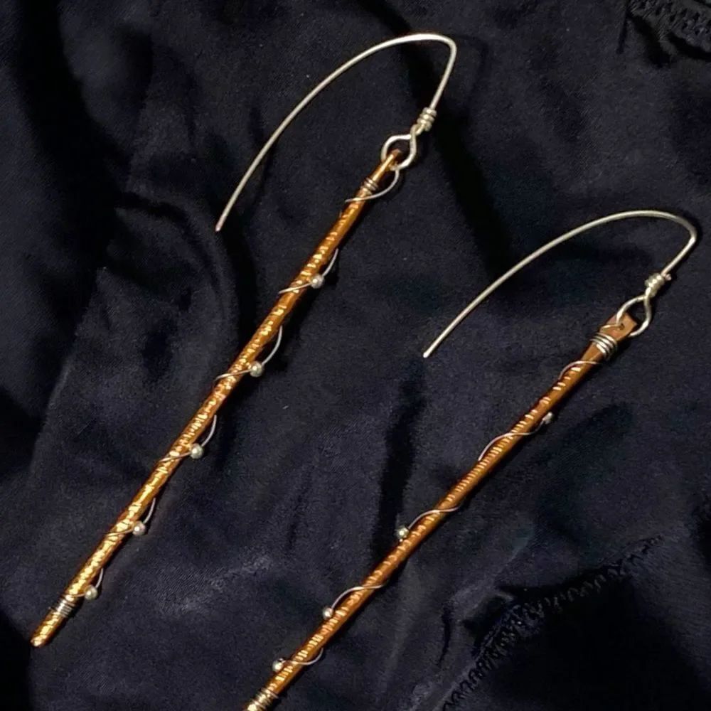 Sterling Silver Long Hook Wire Wrap Antique Copper Textured Drop Earrings NEW